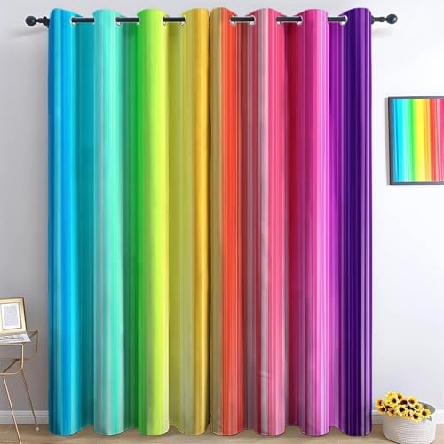 Soft Eyelet Blackout Curtains – Simple Rainbow Lines Print Design, Fully Lined Thermal & Noise-Reducing Panels, Easy-Glide Privacy Drapes for Any Room, Colorful, W 29.5 x L 65 (2 Panels)