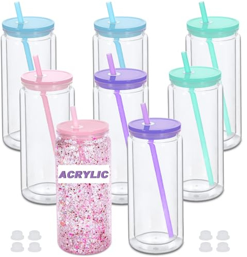 Micellwuu 20 oz Acrylic Snowglobe Tumbler, 8 Pack Double Wall Snow Globe Cups with Pre Drilled Hole, Plastic Mason Jar Cups Can for Snow Globe Glitter DIY (Mixed Color)