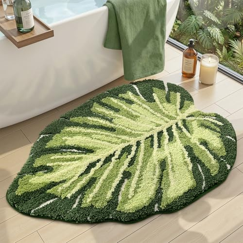 DEXI Leaf Badezimmerteppich, Monstera, weich, flauschig, niedlich, mit rutschfester Unterseite, waschbar, saugfähig, schnell trocknend, für Duschboden, WC, Schlafzimmer, Kinderzimmer, 119 x 80 cm