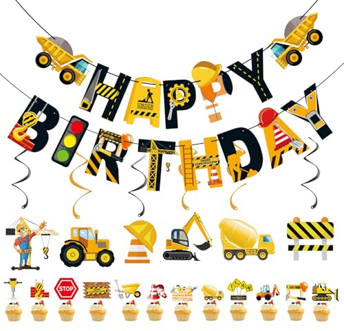 FOSDICK Kit Tema di Costruzione Decorazioni Compleanno, Addobbi Compleanno Bambino di Escavatori, Set Cantiere Happy Birthday Decorazioni, Striscione Buon compleanno,Cake Topper,Addobbi da Appendere