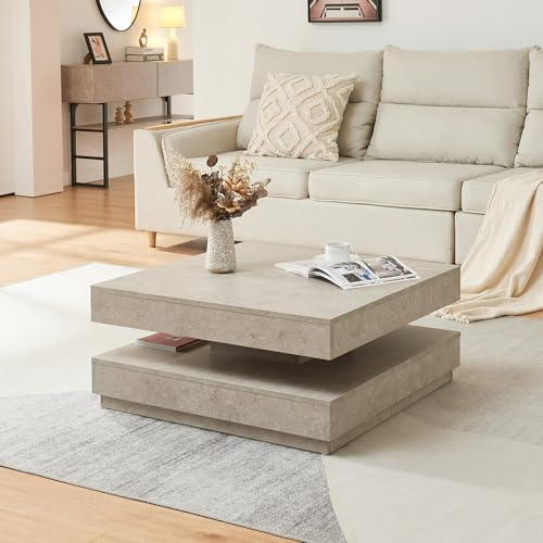 [en.casa] Mesa de Centro Florenz Mesa Baja Cuadrada con Tablero Giratorio y Estante Mueble Auxiliar Mesita para Salón 76 x 76 x 38 cm - Efecto hormigón Claro