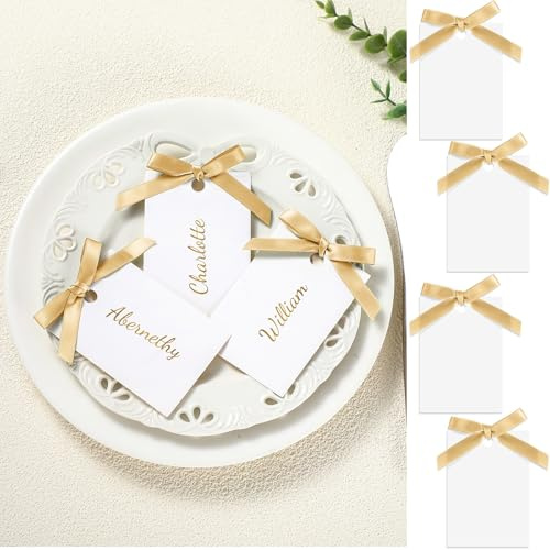 AmazingSpark 100 Set Name Place Cards for Table Setting 3.5x2.5 DIY Wedding Place Cards with Ribbon Bow Table Name Tags Seat Label for Wedding Party Banquet Celebrations Supplies (Champagne)