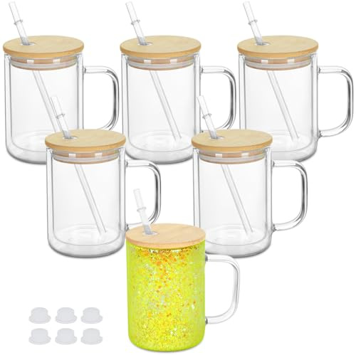 Maucircol 15 Oz Pre-Drilled Glass Snow Globe Tumbler with Handle, 6 Pack Double Wall Snowglobe Cup Coffee Mug For Snow Globe Diy Glitter, Clear