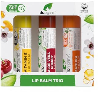 Dr Organic - Assorted Lip Balm Trip - SPF 15 Protection - Vitamin E, Aloe Vera Cherry & Manuka - Vegetarian, Cruelty, Paraben & SLS Free - 5.7ml - 3 Pack