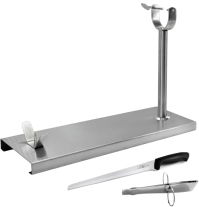 Fackelmann Set Jamonero Fijo Acero Inoxidable, 49x34 cm, Base Estable para Jamones Grandes, incluye Cuchillo Jamonero 23/34 cm y Pinzas para Jamón Acero Inoxidable 11 cm