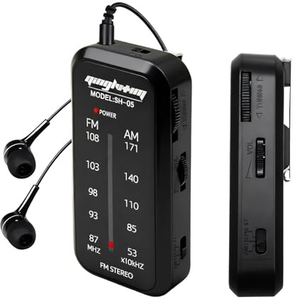 Pocket Radio Portable AM FM Two-band Small Radios with Headphones and Back Clip Mini Radios Transistor Supports FM Stereo Powered by AAA batteries for Household Camping Walking Running Fishing Testing