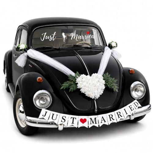 Weißes Herzförmiges Hochzeitsauto-Dekorationsset – Herzblumenplatte mit Saugnapf, 2 Rückspiegelblumen, „Just Married“-Sticker & Papierbanner, Handgefertigte Auto-Hochzeitsdeko