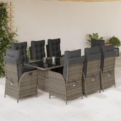 QJBSAVVA 9-TLG. Garten-Essgruppe 190×80 cm, 8 klappbare Poly-Rattan-Sessel, Eckbank, Sitzkissen, Hartglastisch, platzsparend