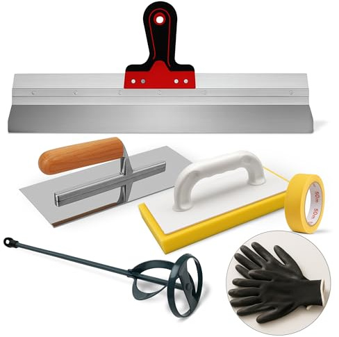 Spachtel Set 6-tlg – Flächenspachtel, Glättkelle, Schwammbrett & Zubehör – Werkzeugset für Putz, Wandspachtel & Trockenbau