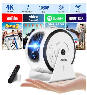 Mini Beamer Unterstützt 4K 1080P, Projektor with Auto Focus & Keystone und 360° Drehbarkeit, Beamer Klein Projektor mit WiFi 6 and Bluetooth 5.4 Compatible with HDMI/USB/TV Stick/Laptop, Weiß