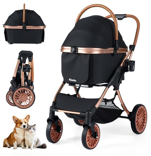 COSTWAY Cochecito para Perros 3 en 1, Carrito para Perros Plegable con Transportín Removible, Sombra Solar, Almohadilla Extraíble, Cinturón de Seguridad, Cesta y Portavasos, Carro Mascotas, Carga 25kg