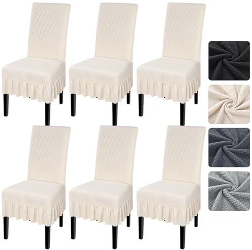 Alishomtll Stretch Waffle Dining Chair Covers Set of 6 with Ruffled Skirt, Removable Washable Universal Jacquard Chair Slipcovers for Dining & Swing Chairs, Ideal for Hotel Banquet (White, 6 pcs)