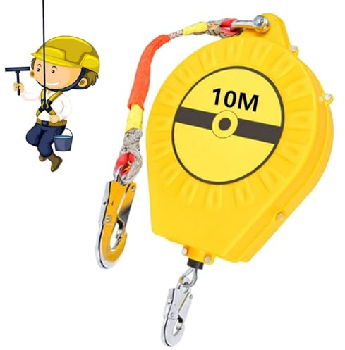 BOVDC Harnais de Securite Anti Chute Toiture, Dispositif Antichute a Rappel Automatique 3-20m, Stop Chute Toiture à Rappel Automatique avec Crochet Autobloquant pour Travail en Hauteur(Jaune,10m)