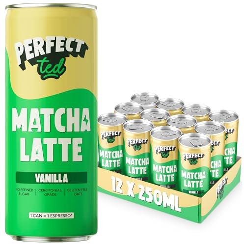 PerfectTed Vanille Matcha Latte, Japonais de Qualité Cérémoniale, 12 Canettes de 250 mL, avec Avoine sans gluten | sans produits laitiers