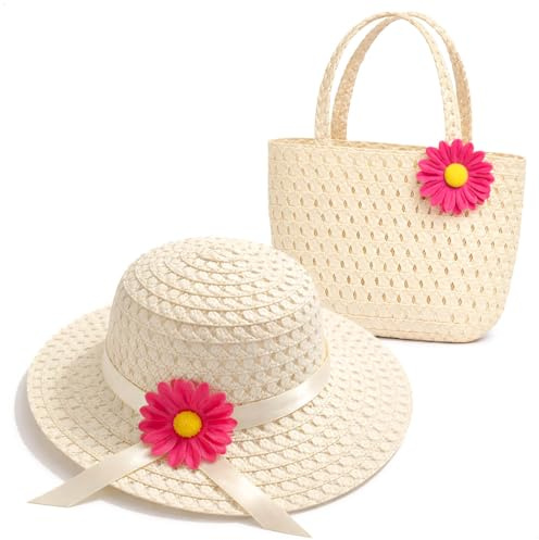 com-four® Cappello Estivo Bambina con Borsa – Set Paglia con Fiore – Cappello Sole per Spiaggia, Vacanze e Tempo Libero – Leggero con Borsetta (Crema - Cappello/Borsa)