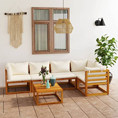 PTUGUOF 6-TLG. Garten-Lounge-Set mit Auflagen Creme, massives Akazienholz, modulares Lounge-Set mit Couchtisch und dicken Polstern für hohen Sitzkomfort im Außenbereich