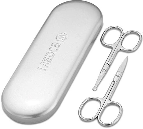 Forbicine Acciaio Inox - Forbici per Sopracciglia, Barba & Baffi, Punta Piccola Curva & Arrotondata Kit Taglio Sicuro Peli del Viso Orecchio, Naso, Regola Peli per Uomini & Custodia da Viaggio