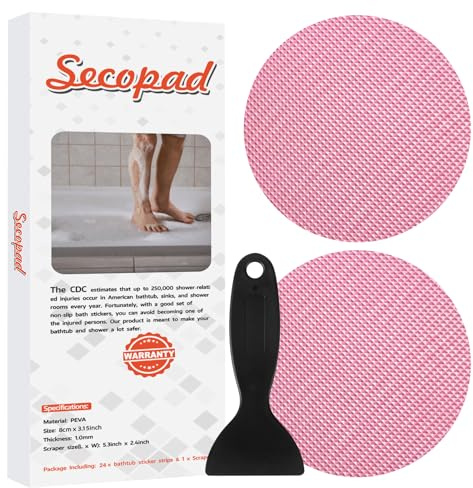 Secopad 24 Stück Runde Anti Rutsch Dusche Aufkleber, Rose | Inklusive 1 Schaber, Stark Haftend, Einfach zu Installieren, Rückstandslos Entfernbar, Geeignet für Badewannen, Badezimmer