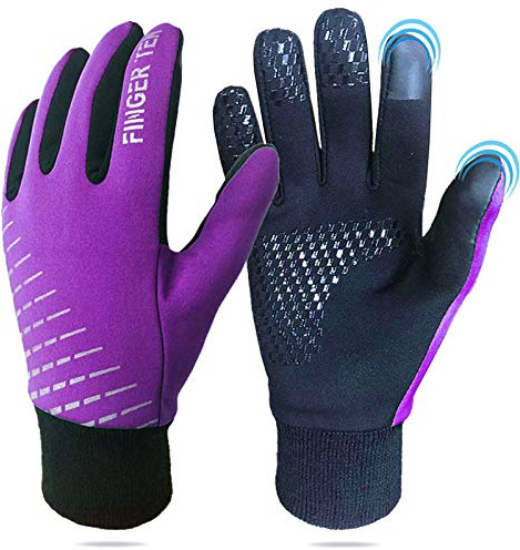 Kids Cycling Gloves Winter Full Finger Warm Touchscreen Running, Boys Girls Glove Grip Liner Thermal for School Sport Windproof Snow Waterproof Anti-Slip (Purple, M)