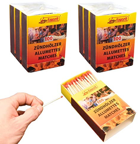 jameitop® 6 x 100er Packungen - 600 Streichhölzer 5,5cm Favorit für Grill/Kerzen/Kamin Streichholzschachteln