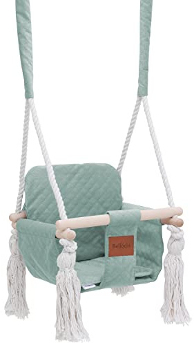 Bellochi Babyschaukel aus Holz - Gemütlich Kinderchaukel mit Kissen - Indoor Kleinkindschaukel - Minze - Hasenohren
