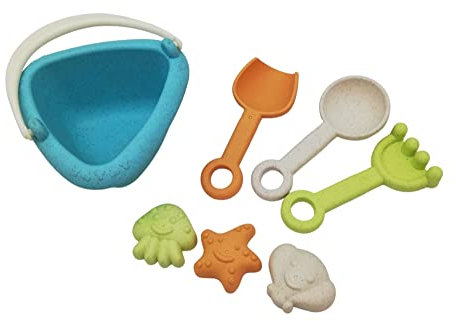 alldoro 60175 Mini Sandspielzeug Set 7-teilig, ab 18 Monaten, Kleiner Eimer mit Förmchen, Schaufeln & Rechen, aus eco Weizenstroh-Kunststoff