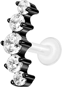 PIERCINGLINE PTFE Labret mit Innengewinde Titan Aufsatz 5 EINGEFASSTE KRISTALLE Piercing Lippe Nase Ohr Helix Tragus Medusa Farb & Größenauswahl