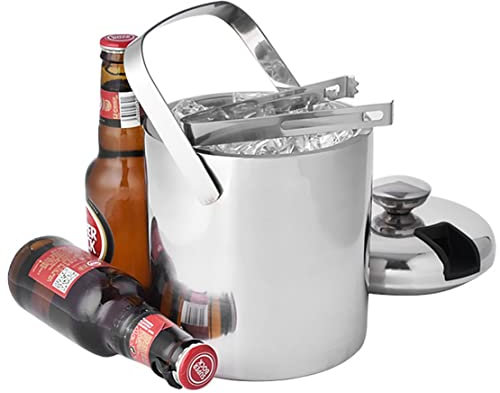JZK Cubo de hielo de doble pared de acero inoxidable 1.3L 304 con con pinza y tapa, cubiteras cerveza portátil con mango para picnic, hielera, enfriador de vino al aire libre, contenedor cubo hielo