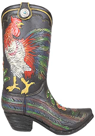 Ebros Gift Rustic Western Country White Breasted Rooster with Colorful Tail Feathers Faux Tooled Leather Cowgirl Or Cowboy Boot Decorative Flower Bouquet Vase Or Planter Figurine 10 H