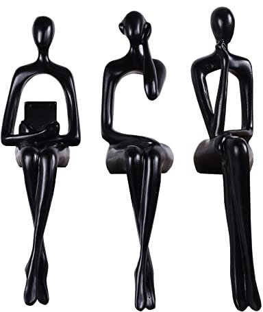 KUAHAI Decorazione di figura seduta nera in tre pezzi, scultura astratta di pensatori sulla libreria, caratteristica scultura in resina, adatta per famiglie e uffici