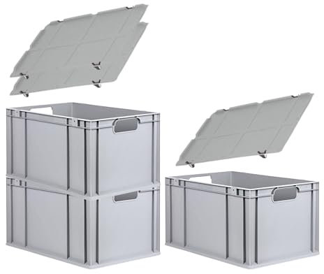 PROREGAL SuperSparSet 3x Eurobox NextGen Economy mit Auflagedeckel und 4x Schiebeschnappverschlüsse Rot, Griffe offen, HxBxT 32x40x60cm, 65L, Eurobehälter, Transportbox, Transportbehälter