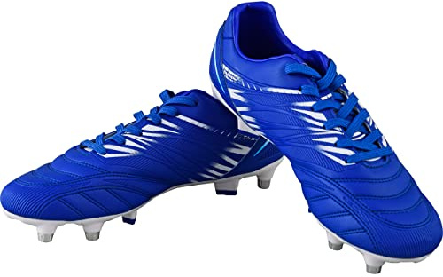 VIZARI Valencia Soft Ground - Botas de fútbol para hombre y mujer, con suela de TPU y acolchado de EVA, botas duraderas ideales para rugby, exteriores y entrenamiento, azul y blanco, 42 1/3 EU