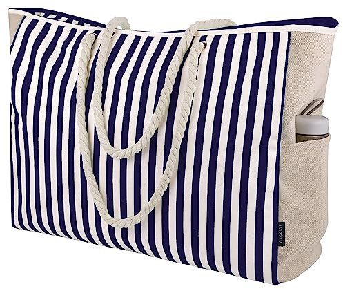 GAGAKU Strandtasche XXL Familie Badetasche für Damen Extra Große Strandtasche mit Reißverschluss, Sanddichtes Segeltuch Beach Bag Reisen Strand Tasche - Marineblau Gestreift