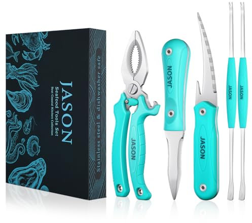 JASON 5 Stücke Meeresfrüchte Werkzeuge Edelstahl Meeresfrüchte Besteck Inkl. Krabbenzange Fleischentferner Austernmesser Garnelenschälwerkzeug für Meeresfrüchte Fest Fischliebhaber