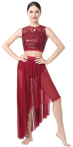 IMEKIS Gl�nzend Lyrisches Tanz Outfit f�r Damen �rmellos Pailletten Spitze Crop Top mit Asymmetrischem Saumrock Modernes Ballett Ballsaal Tanzkleidung B�hnen Performance Kost�m Weinrot S