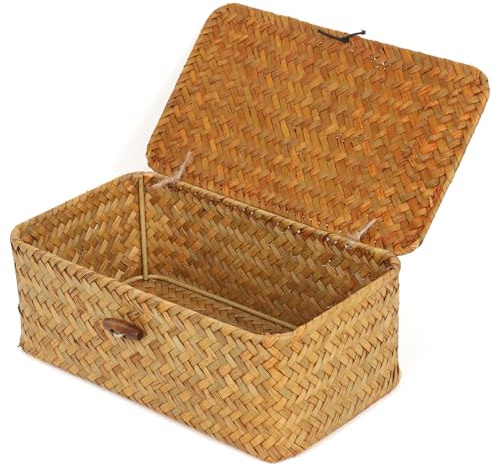FEIALNDUO Korgar, hyllkorgar med lock, sjögräs, förvaringskorg, lådor, rektangulära handvävda korgar, för hyllor, skrivbord, heminredning, (naturlig, X-Small)