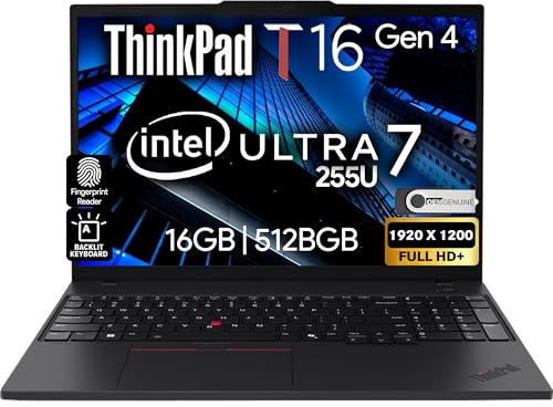 Lenovo ThinkPad T16 Gen 4 AI Business Laptop 40.6 cm FHD+ Display, Intel Ultra 7 255U (Beats i7-1355U), 16GB DDR5 RAM, 512GB SSD, 5MB Webcam, Fingerprint, Backlit KB, WiFi 6E + BT, RJ-45, HDMI, Win 11
