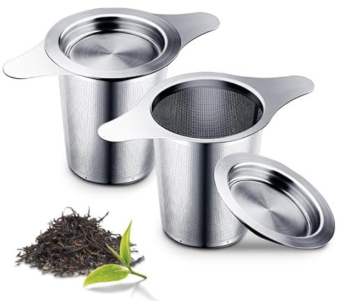 Logei Teesieb für Losen Tee, 2 Stück Teefilter Edelstahl 304 mit breiter Doppelgriff und Deckel, Feinmaschiges Tea Infuser Wiederverwendbar Tee Sieb für Tasse Teekanne Töpfe
