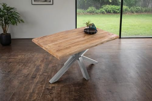 SAM Esstisch Cali | 120 x 80 cm | Mangoholz | Farbe: Natur/rau | Spider-Gestell Metall Silber | Massivholz mit echter Baumkante | pflegeleichter Baumkantentisch/Esszimmertisch