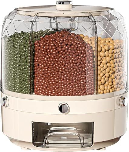 WXPXYBF Grain Storage Container, 360°Rotating Round Dry Food Jar, Transparent Grain Lentil Dispenser with 6 Compartments, Button Press Cereal Rice Dispense Box