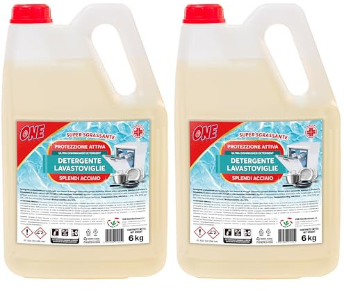 ONE - 10 Litri di DETERGENTE SPECIFICO PER LAVASTOVIGLIE AD USO PROFESSIONALE Garantisce perfetta pulizia e brillantezza di vetro, acciaio, piatti (2 x taniche da 5 lt) Protezione Sgrassante