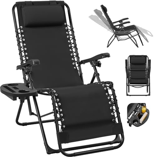 Yaheetech 2er Set Sonnenliege Liegestuhl Klappbar Gartenliege mit Kopfkissen & Becherhalter Tragbare Relaxliege für Strand/Garten/Balkon, Schwarz