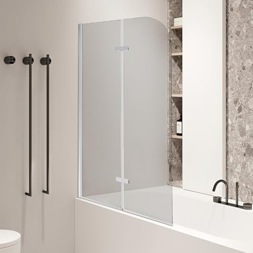 Eikuavons Pannello doccia pieghevole per vasca da bagno, 100 x 140 cm, 2 pezzi in vetro di sicurezza da 6 mm (ESG), accessorio per vasca da bagno, argento trasparente