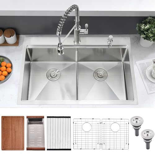 BWXIAOC 33x22 Double Bowl Kitchen Sink Drop In - 16 Gauge Stainless Steel Top Mount Drop In Sink, 50/50 Split Double Bowl Workstation Kitchen Sinks, Durable for Home Kitchens