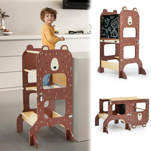 labebe torre montessoriana bambini, grandi dimensioni torre montessoriana pieghevole in legno, torretta montessoriana multifunzionale 3 in 1 con lavagna-orso bruno