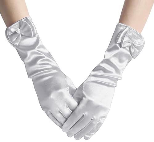 RELKLYU 1 styck barnbåge vita handskar, enkel fast färg, elee och fashionabla handskar för flickor, mjuka och bekväma, festklädestillbehör., Vit, M