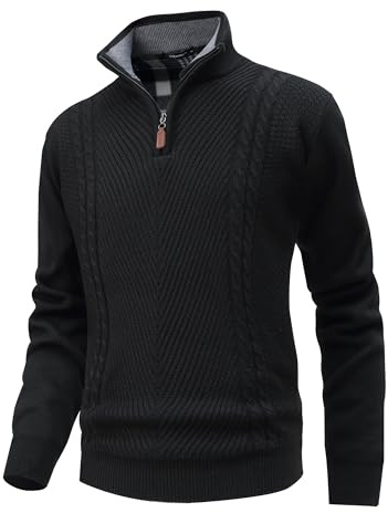 CoXuantion Suéter Cuello Alto Hombre Jersey Punto con 1/4 Cremallera Invierno Cálido JerséIs Manga Larga Jersey de Forro Polar Slim Fit Pulóver Grueso Sweater L,Negro