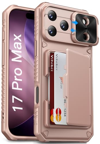 Vihibii for iPhone 17 Pro Max Case with Card Holder (4 Cards), Rose Gold | Slide Camera Lens Cover, Military Drop Protective, Rugged Back, Silicone Bumper, Heavy Duty Case for iPhone 17 Pro Max 6.9