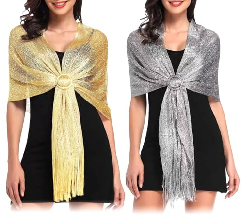 XHYASD 2 Stück Glitzer-Stola Set Gold Silber Schal für Abendkleid | Polyester mit Metalldrähten, Fransen, Schalspange, für Hochzeit und Gala