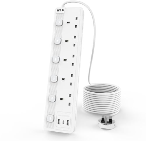 WLV Extension Lead 3M, 5 Plug Extension Lead with 3 USB Slots | Plug Extension Socket with Individually Switch, White Wall Mounted Power Strip for Dorm, Kitchen, Living Room, Bedroom